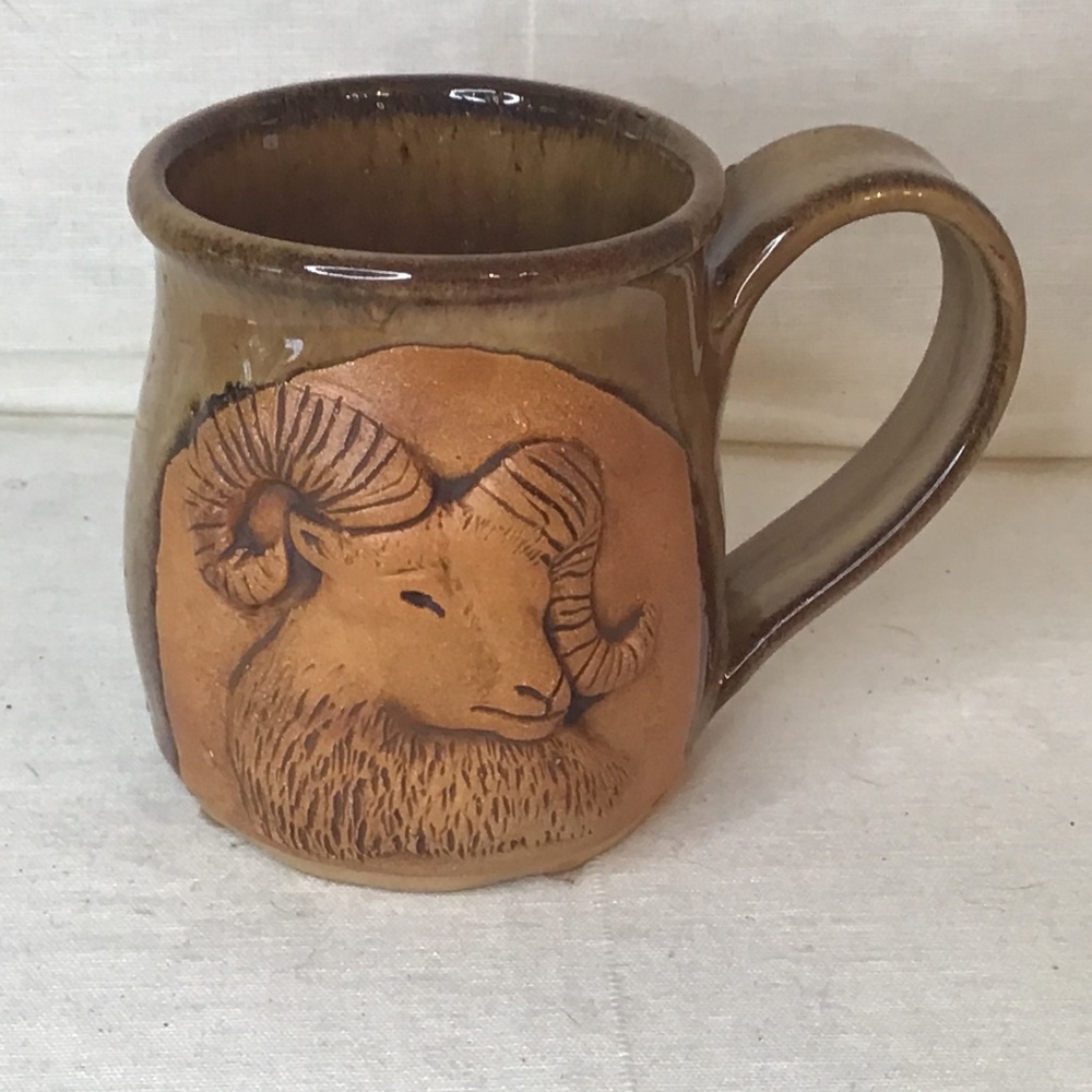 Vintage Aries Zodiac Pottery Mug 3 D Big Horn Sheep Terracotta. Signed Date.